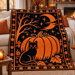 Halloween Overlay Mosaic Crochet Blanket Pattern, Pumpkin Cat Afghan PDF, Fall Moon Chart