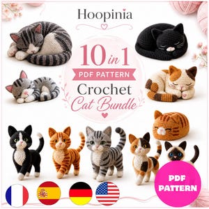 10 in 1 Cat Crochet Pattern Bundle PDF, Crochet Cat Amigurumi Patterns, Sleeping Kitty Plush Pattern, 6 Languages