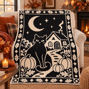 Halloween Mosaic Crochet Blanket Pattern, Black Cat Pumpkin Cottage, Fall Overlay Mosaic PDF