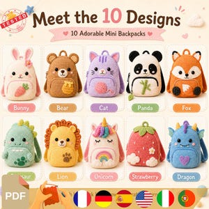 Peut inclure: Une collection de dix mini sacs à dos en crochet représentant des animaux et des fruits, dont un lapin, un ours, un chat, un panda, un renard, un dinosaure, un lion, une licorne, une fraise et un dragon, chacun avec ses propres détails.