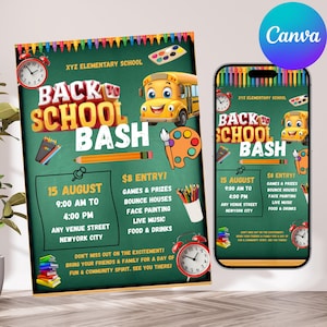 Back To School Bash Party Invitation, Back To School, Party Invitation, End of Summer Party, Editable School Event Invite, Canva Editable
