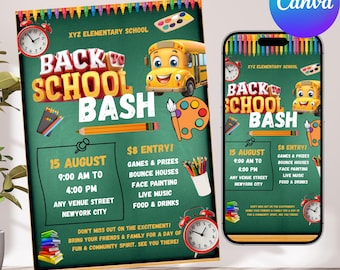 Back To School Bash Party Invitation, Back To School, Party Invitation, End of Summer Party, Editable School Event Invite, Canva Editable