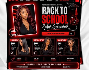 Back To School Hairflix, Back 2 School Deal Flyer, Back To School Beauty Salon Sale Flyer, Booking Flyer, Hair Wig Lash Nail, Canva Editable