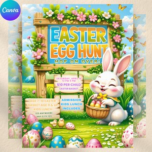 May include: An Easter Egg Hunt poster with a cartoon bunny holding a basket of eggs. The sign reads "Easter Egg Hunt, Hop on Over!" with event details. Colorful eggs and flowers decorate the scene, with butterflies in the background.