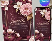Luxury Floral Birthday Invitation, Elegant Burgundy & Gold with Flowers, 30th 40th 50th Birthday Invite, Digital Download, Canva Editable
