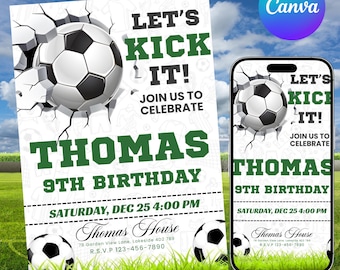Invitación editable para fiesta de fútbol, invitación imprimible de fútbol para niños, invitación de descarga instantánea, invitación de cumpleaños de fútbol, plantilla digital de Canva