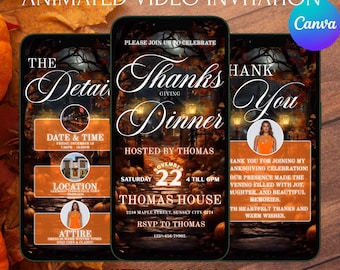 Invitación a la cena de Acción de Gracias, invitación a la fiesta de otoño, video de la cena de Acción de Gracias de Evite, invitación animada a la fiesta de Acción de Gracias, Canva editable