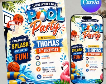Basketball Pool Party Birthday Invitation, Kids Sports Swim Bday Party Invite, Slam Dunk Summer Splash Invite, Digital Download, DIY Canva
