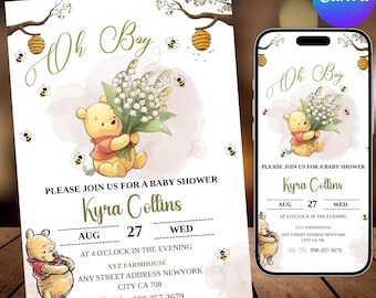 Editable Winnie The Pooh Baby Shower Invitation, Winnie The Pooh Invitation, Pooh Baby, Digital Invitation Oh Boy, Pooh Printable Template