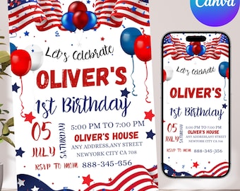 Faire-part d'anniversaire du 4 juillet, invitation de fête barbecue du 4 juillet, invitation de fête patriotique d'été, invitation étoiles et rayures, toile modifiable