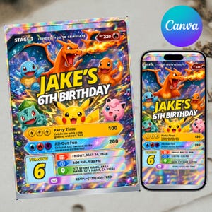 May include: A rectangular birthday invitation card and a smartphone screen displaying the same design. The graphic features animated characters, the text JAKE'S 6TH BIRTHDAY, party details for May 14, 2026, and a holographic, colorful background.
