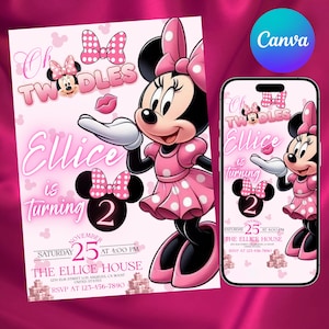 May include: Pink Minnie Mouse-themed birthday invitation and phone case design. The invitation features Minnie Mouse, polka dots, and the text "Oh Twodles, Ellice is turning 2". The phone case mirrors the invitation design.