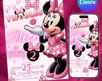 Oh TWOdles Birthday Invitation, Minnie Mouse 2nd Birthday Invitation, Editable Oh TWOdles Invitation, Mickey Birthday Invite, DIY Canva Temp