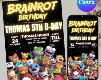 Italian Brainrot Birthday Invitation, Tralalero Bombardino Bananini Cappuccina Party, Birthday Invitation, Digital Download, Canva Editable