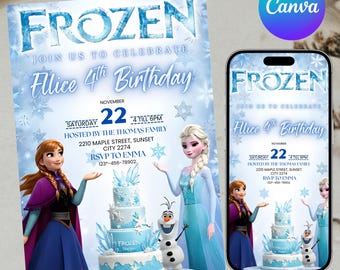 Frozen Birthday Invitation, Elsa Party Invite, Printable Kids Birthday Invitation, Winter Snow Bday Party, Digital Download, Canva Editable