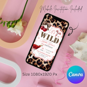 Cheetah Print Birthday Invitation Template, Neon Red Cherries Leopard Bday Party Invite, Glam Girls Night Out, Bachelorette, Canva Editable