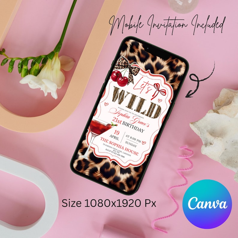 Cheetah Print Birthday Invitation Template, Neon Red Cherries Leopard Bday Party Invite, Glam Girls Night Out, Bachelorette, Canva Editable