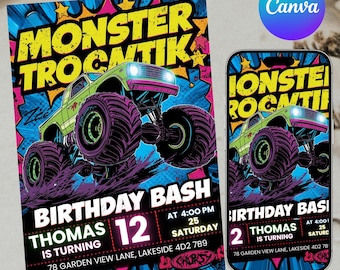Monster Truck Birthday Invitation Template For Boys, Editable Monster Truck, Trucks Birthday Invite, Monster Truck Bday Party, DIY Canva