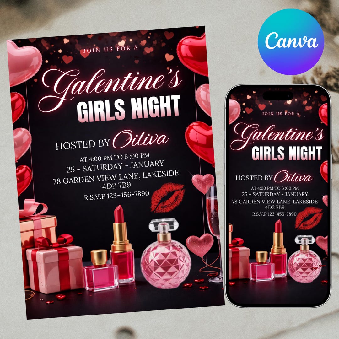 Galentine's Girls Night Invitation Template, Friends Valentines Dinner ...