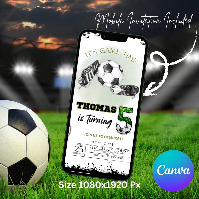 Soccer Birthday Invitation, Football Invite, Kids Soccer Invite, Instant Download, Let's Kick it Soccer Invite, Kids Bday, Canva Editable