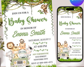 Safari Baby Shower Invitation, Jungle Baby Shower Invitation, Wild One Baby Shower, Safari Animals Baby Shower Invitation, Canva Editable