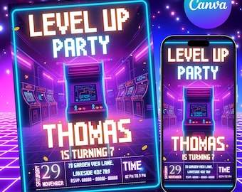 Invitación de cumpleaños de arcade, invitación a fiesta de videojuegos retro, plantilla de cumpleaños de videojuegos digitales para niños, tarjeta personalizable, editable en Canva