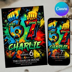 May include: A birthday invitation with a colorful graffiti design. The invitation reads "I WAS 6, NOW I'M 7" with the name "CHARLIE" and party details. A smartphone displays the same design. The Canva logo is visible.