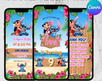 Stitch Birthday Invitation, Lilo And Stitch Birthday Evite, Animated Stitch Birthday Party Video Invitation, Stitch Bday Girl,Canva Editable