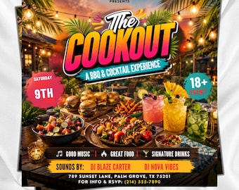 BBQ Cookout Flyer Template, Summer cookout Flyer, BBQ & Cocktail Night invite, Food Flyer, Party Flyer,, Canva Editable , Digital download