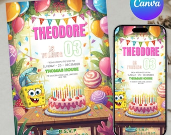 Editable Sponge Cake Birthday Invitation, Custom Birthday Party Invitation, Under the Sea Sponge Birthday Invite, Canva Kids Party Invite