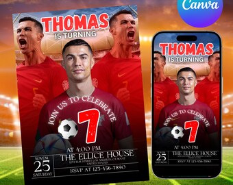 Invitación de cumpleaños de Ronaldo, cumpleaños de CR7, invitación de cumpleaños de fútbol, invitación editable de Canva para fiesta de fútbol, temática deportiva, invitación de cumpleaños