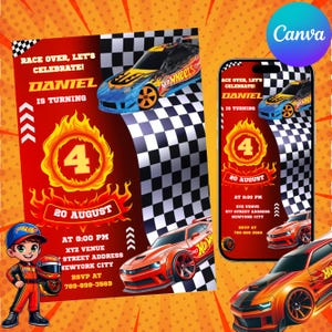 Hot Wheels-Geburtstags-Einladung, heiße Rennautos-Geburtstags-Einladung, Jungen-Geburtstags-Einladung, Kinder-Auto-Geburtstagsfeier Evite, Canva Editierbar