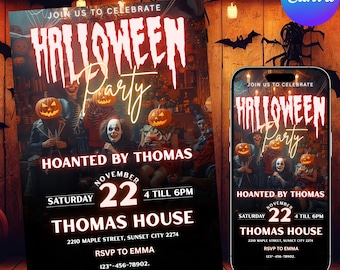 Może przedstawiać: Zaproszenie na imprezę Halloween z upiornymi obrazami. Ulotka i telefon wyświetlają tekst "Join us to Celebrate Halloween Party" oraz szczegóły wydarzenia: "Hoanted by Thomas, November 22, Thomas House".
