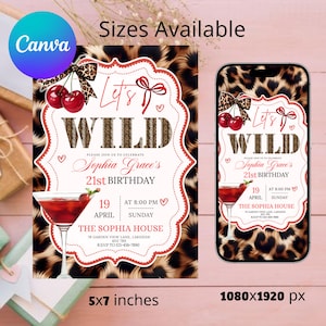 Cheetah Print Birthday Invitation Template, Neon Red Cherries Leopard Bday Party Invite, Glam Girls Night Out, Bachelorette, Canva Editable