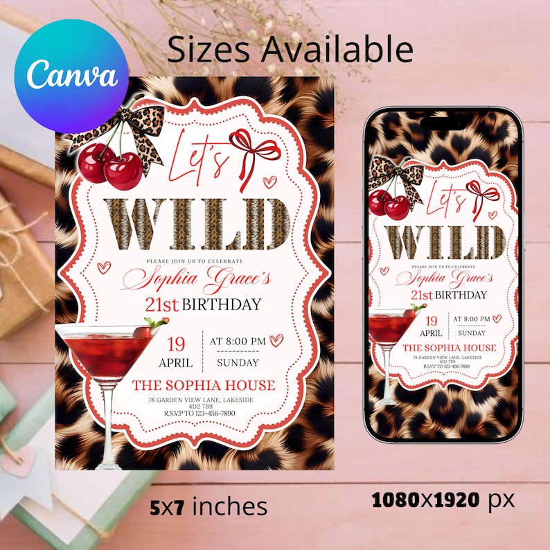 Cheetah Print Birthday Invitation Template, Neon Red Cherries Leopard Bday Party Invite, Glam Girls Night Out, Bachelorette, Canva Editable