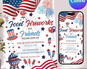 4th Of July BBQ Invitation, Party In USA Invite, Independence Day BBQ Barbeque Invite, July Fourth Food Friend and Firework, Canva Editable