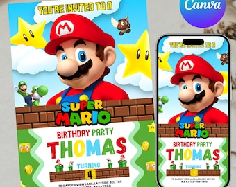 Plantilla de invitación de cumpleaños de Super Mario, invitación de cumpleaños de Mario Bros., invitación digital para fiesta de cumpleaños, invitación imprimible, editable en Canva.