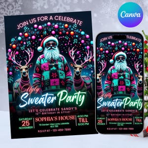 Peut inclure: Une invitation et un écran de téléphone avec un design festif "Ugly Sweater Party". L'invitation et l'écran du téléphone présentent un Père Noël en pull coloré, des rennes et des détails de la fête. L'invitation est pour une fête d'anniversaire le 25 novembre.