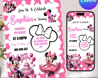 Minnie-Maus-Geburtstagseinladung, Oh Twodles-Geburtstagseinladung, 1. Geburtstag, Mädchengeburtstag, Einladung zur Geburtstagsparty, bearbeitbar mit Canva