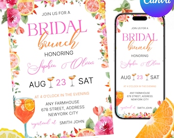 Bridal Shower Invitation, Orange Bridal Shower Brunch Invitation, Boho Bridal Shower Invitation, Floral Bridal Shower Evite, Canva Template