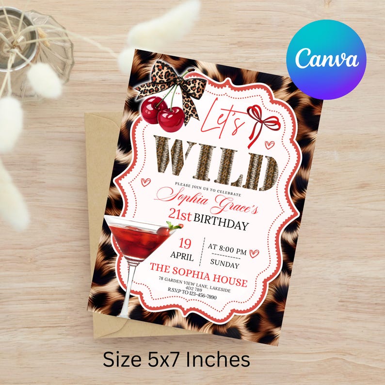 Cheetah Print Birthday Invitation Template, Neon Red Cherries Leopard Bday Party Invite, Glam Girls Night Out, Bachelorette, Canva Editable