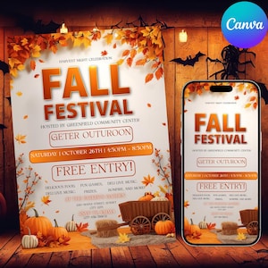 Fall Festival Flyer Invitation, Printable Autumn Church Event Invite, Harvest Party Invitation Poster, Instant Download, Canva Editable