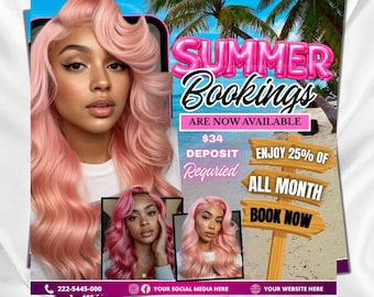 Summer Booking Flyer, June Bookings, July Bookings, Summer Sale Flyer, Summer Szn Appointments, Books Now, Summer Hair Flyer, Canva Editable