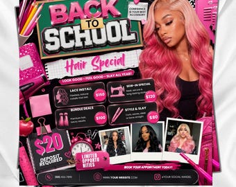 Back To School Flyer, Back 2 School Deal Flyer, Back To School Beauty Salon Sale Flyer, Booking Flyer, Hair Wig Lash Nail, Canva Editable
