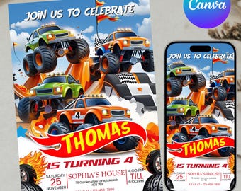 Monster Truck Invite, Editable Monster Truck Birthday Invitation Template For Boys, Trucks Birthday Invite, Canva Monster Truck Invitation