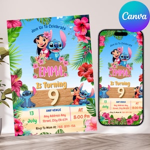 以下が含まれることがあります： リロとスティッチのキャラクターが登場する、カラフルな誕生日招待状。「Join Us To Celebrate」、「Emma Is Turning 9」のテキストとイベントの詳細が含まれています。熱帯の花と葉がデザインを囲んでいます。