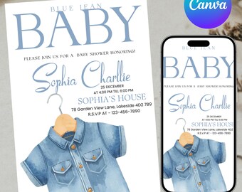 Invitación para baby shower con vaqueros azules, fiesta temática del oeste para niño editable, invitación para baby shower con tendedero, tarjeta de invitación digital de mezclilla, DIY Canva