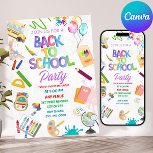 Back To School Bash Party Invitation, Back To School, Party Invitation, End of Summer Party, Editable School Event Invite, Canva Editable