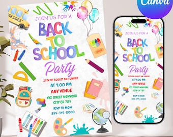 Back To School Bash Party Invitation, Back To School, Party Invitation, End of Summer Party, Editable School Event Invite, Canva Editable