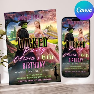 Wicked Birthday Party Invitation, Wicked Party Invitation, Wicked inspired Movie ticket, Elphaba & Glinda Theme, Movie party, Canva Editable